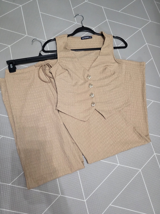 Love Poem Pants - Love Poem Crinkle Tan Button Front Two-Piece Pants Set